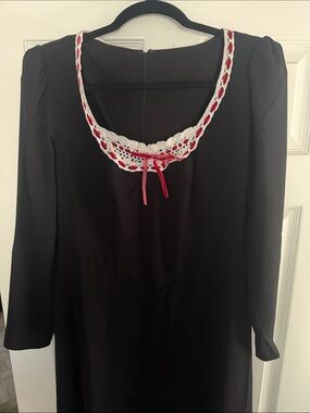 Black Dress with White Crochet & Red Ribbon Trim